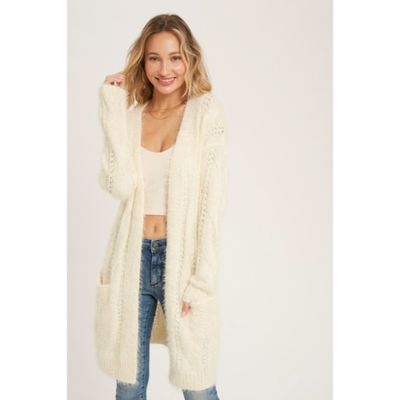 SOLD OUT Cream Fuzzy Soft Cable Cardigan Open Sweater - Picture 4 of 7